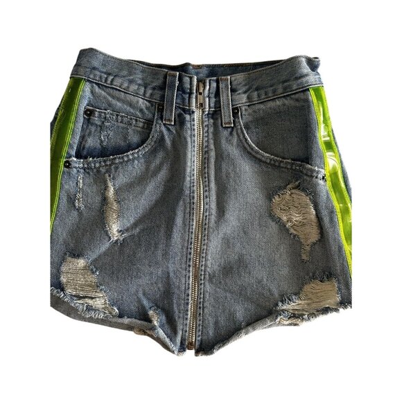 Carmar Distressed Denim Mini Skirt W/ Neon Yellow Stripe & Zip Front Women 25 - Picture 1 of 7